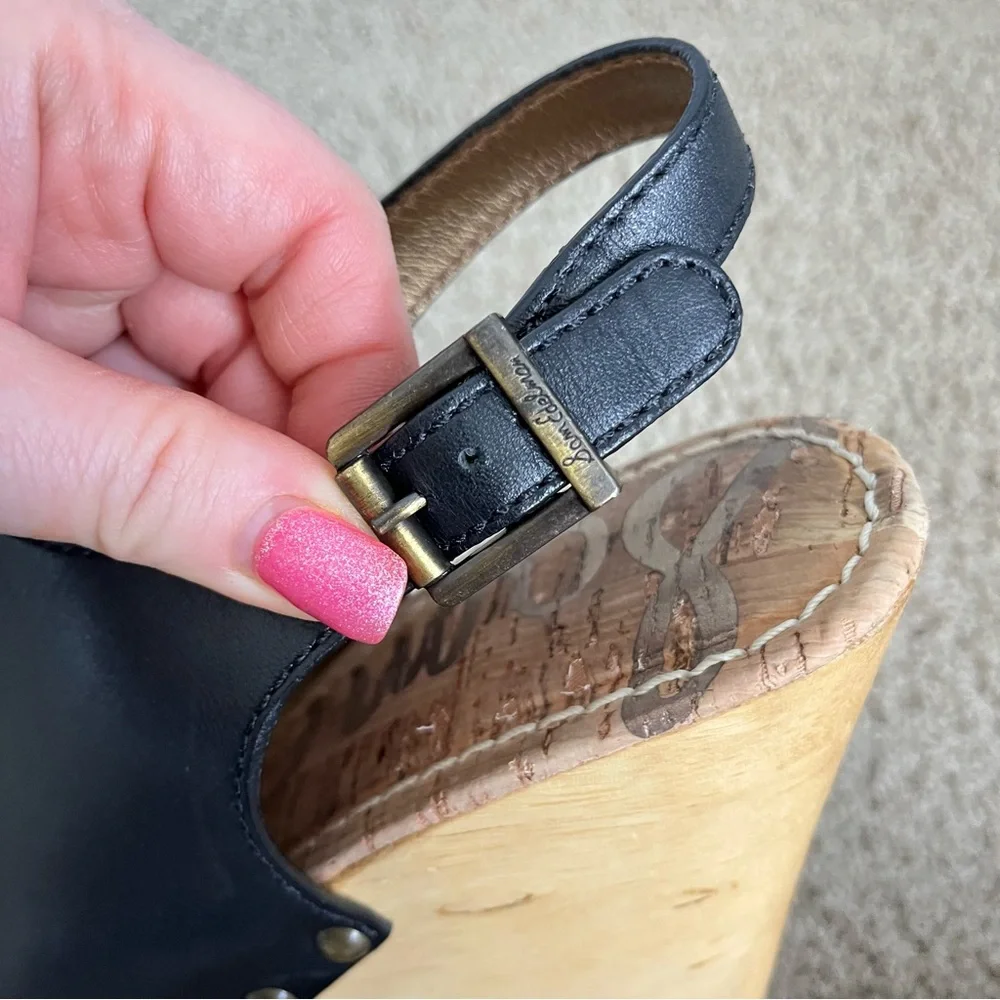 Sam Edelman Camilla Black Leather Studded Cork Wedge Open Toe Sandals Size 9 - Picture 9 of 15